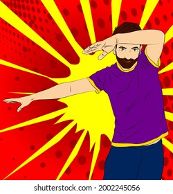 Cool man dancing. Enjoying music in the disco, at a hip hop, rock concert. Cheerful guy in a night club. Comic book style vector illustration.