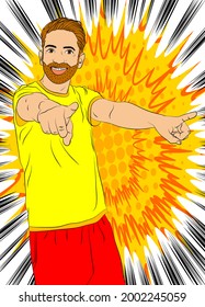 Cool man dancing. Enjoying music in the disco, at a hip hop, rock concert. Cheerful guy in a night club. Comic book style vector illustration.