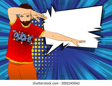 Un hombre genial bailando. Disfrutando de la música en la discoteca, en un concierto de hip hop y rock. Un tipo alegre en una discoteca. Ilustración vectorial de estilo de libro de historietas.