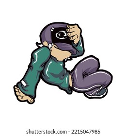 Cool man dancing street dance in urban hip hop style vector design. Dancers jump and dance break dance. Cartoon character.