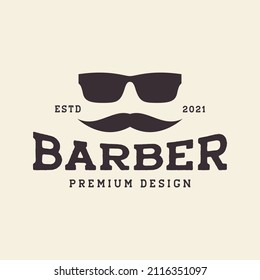 cool man faces with mustache and sunglasses barber vintage logo design, vector graphic symbol icon illustration