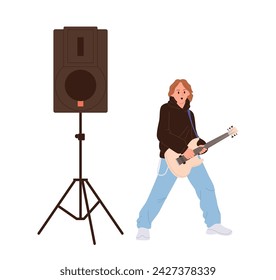 Cool man guitarist rock band cartoon character playing music on guitar instrument isolated on white