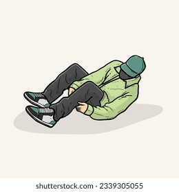 Cool man or guy or boy with Green Jacket and nice sneakers sit on ground isolated on Cream background vector modern illustrations