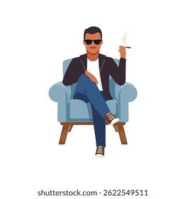 Cool man lounging in armchair with crossed legs, holding a cigarette, wearing sunglasses and jacket.