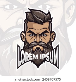 Cool man mascot logo design, Man face with beard logo illustration, gamer esport logo design vector.