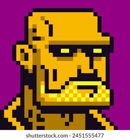 Cool man, pixel art male character 8-bit 80-s, avatar, cartoon vector icon, game user, web profile persons, people, social net portrait, man face, minimalistic style.