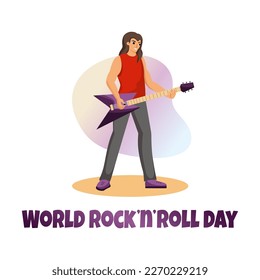 Cool man plays an electric guitar. Musician performs on stage. World Rock and Roll Day.