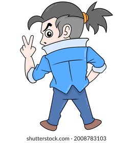 cool man with ponytail seen from behind, vector illustration art. doodle icon image kawaii.
