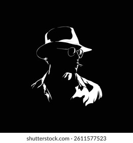 cool man silhouette vector illustration with hat, sunglasses and smoking, black and white vintage cool character illustration