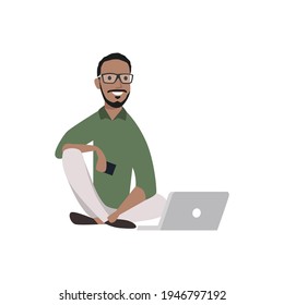 Hombre frío sentado en el suelo trabajando en su portátil ilustración vectorial plana