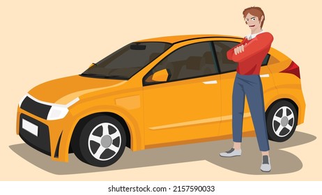 Cool man standing with the promotion of owning a beautiful car. Sporty orange electric car can see interior accessories. on isolated soft ornage background.