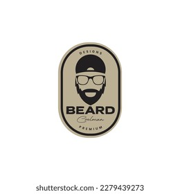 cool man style bearded sunglasses and hat badge vintage logo design vector