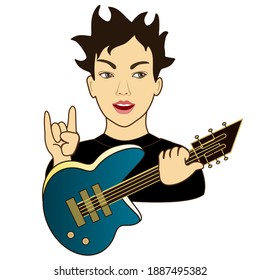 cool man, that is showing a sign of the horns gesture with his hand on the stage and plays hard rock electric guitar, vector emoticon in color, simplified colorful emoji