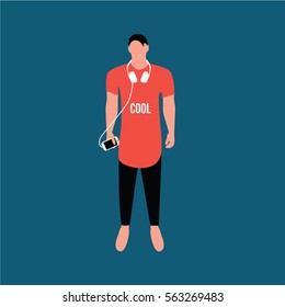 a cool man vector with headphones & mobile phone touch screen stands barefoot