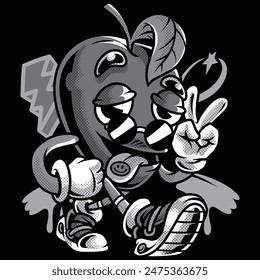 Cool Mango Retro Cartoon in Black and White Illustration