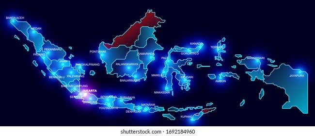 cool map of Indonesia with a glowing provincial capital. Map of Indonesia with the concept of galaxies. Indonesia map background