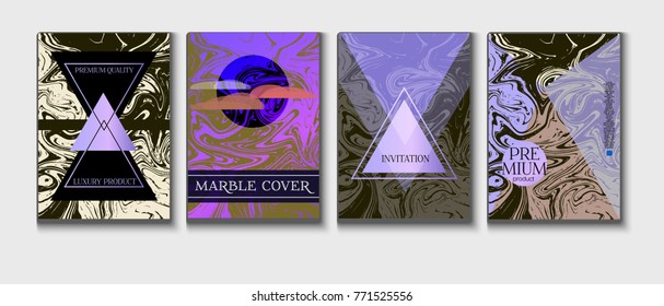 Cool Marble Covers Set. Funky Elegant Suminagashi Painting Background. Old Style Book Cover, Faded Old Newspaper.  Crazy Liquid Japanese Ink Marble Cover Template.  Noble Rich VIP Design.