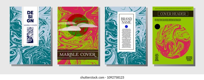 Cool Marble Ink Texture Cover Set. Ebru Liquid Paint A4 Vector Amazing Paper Texture. Purple, Green, Orange, Blue, Yellow Ink Journal Background. Corporate Identity Modern Marble Ink Texture Cover.