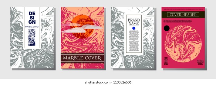 Cool Marble Ink Texture Cover Set. Ebru Liquid Paint A4 Vector Asian Paper Texture. Purple, Green, Orange, Blue, Yellow Oil Splash Background. Traditional Corporate Identity Marble Texture Cover