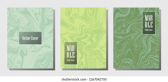 Cool marble prints, vector cover design templates. Fluid marble stone texture iInteriors fashion magazine backgrounds  Corporate journal patterns set of liquid ink waves. Cover pages set.
