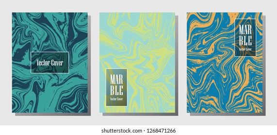 Cool marble prints, vector cover design templates. Fluid marble stone texture iInteriors fashion magazine backgrounds  Corporate journal patterns set of liquid paint waves. Invitation cards set.