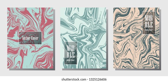Cool marble prints, vector cover design templates. Fluid marble stone texture iInteriors fashion magazine backgrounds  Corporate journal patterns set of liquid clay waves. Splash effect prints.