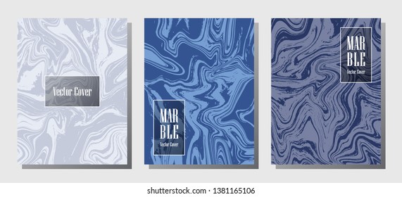 Cool marble prints, vector cover design templates. Fluid marble stone texture iInteriors fashion magazine backgrounds  Corporate journal patterns set of liquid clay waves. Brochure covers set.