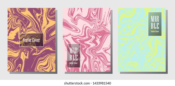 Cool marble prints, vector cover design templates. Fluid marble stone texture iInteriors fashion magazine backgrounds  Corporate journal patterns set of liquid oil waves. Flyers, banners set.