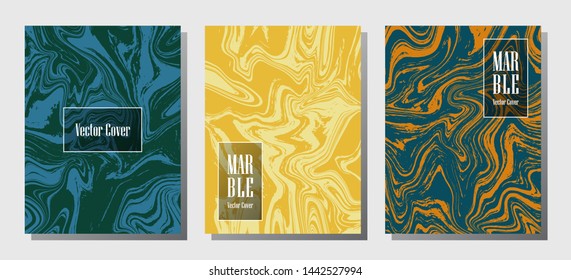 Cool marble prints, vector cover design templates. Fluid marble stone texture iInteriors fashion magazine backgrounds  Corporate journal patterns set of liquid clay waves. Brochure covers set.