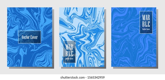 Cool marble prints, vector cover design templates. Fluid marble stone texture iInteriors fashion magazine backgrounds  Corporate journal patterns set of liquid ink waves. Flyers, banners set.