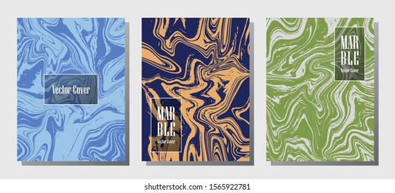 Cool marble prints, vector cover design templates. Fluid marble stone texture iInteriors fashion magazine backgrounds  Corporate journal patterns set of liquid oil waves. Brochure covers set.