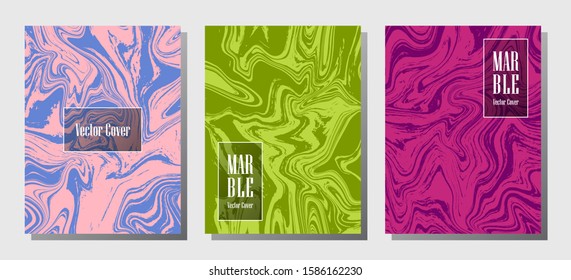 Cool marble prints, vector cover design templates. Fluid marble stone texture iInteriors fashion magazine backgrounds  Corporate journal patterns set of liquid clay waves. Notebook prints set.