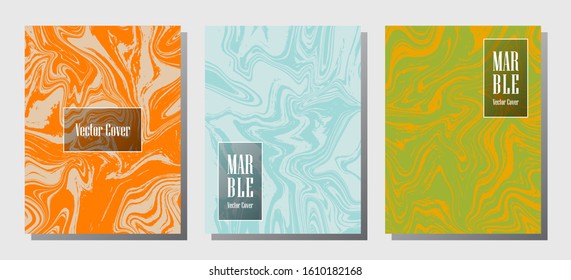 Cool marble prints, vector cover design templates. Fluid marble stone texture iInteriors fashion magazine backgrounds  Corporate journal patterns set of liquid oil waves. Report covers.