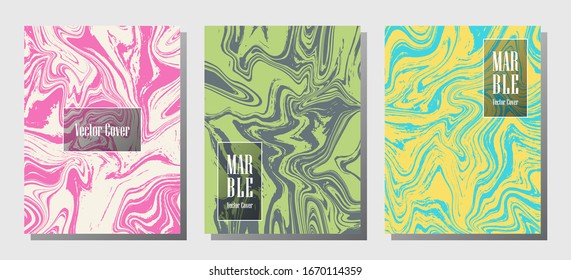 Cool marble prints, vector cover design templates. Fluid marble stone texture iInteriors fashion magazine backgrounds  Corporate journal patterns set of liquid ink waves. Posters set.