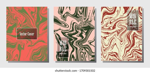 Cool marble prints, vector cover design templates. Fluid marble stone texture iInteriors fashion magazine backgrounds  Corporate journal patterns set of liquid ink waves. Cover pages set.