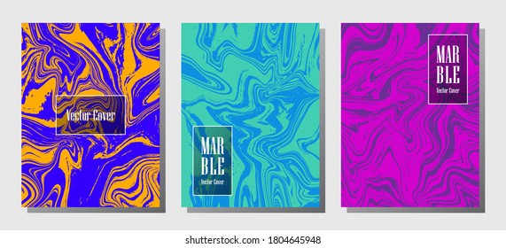 Impresiones de mármol frío, plantillas de diseño de portada vectorial. Textura de piedra de mármol fluido iInteriors fondo de la revista de moda Patrones de revistas corporativos conjunto de ondas de arcilla líquida. Juego de afiches.
