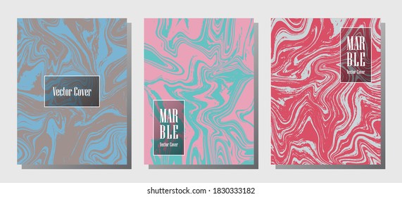Cool marble prints, vector cover design templates. Fluid marble stone texture iInteriors fashion magazine backgrounds  Corporate journal patterns set of liquid clay waves. Cover pages set.