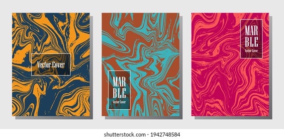 Impresiones de mármol frío, plantillas de diseño de portada vectorial. Textura de piedra de mármol fluido iInteriors fondo de la revista de moda Patrones de revistas corporativos conjunto de ondas de tinta líquida. Impresiones de efecto de salpicadura.