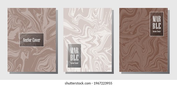 Cool marble prints, vector cover design templates. Fluid marble stone texture iInteriors fashion magazine backgrounds  Corporate journal patterns set of liquid oil waves. Brochure covers set.