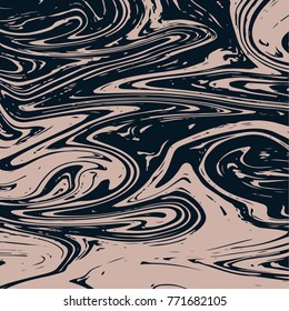 Cool Marble Texture. Noble Dark Indigo and Beige Brown Marbling Background. Japanese Liquid Paint, Suminagashi Ink Painting. Rich VIP Elegant Marble Texture Pattern. Stylish Trendy Stone Background.
