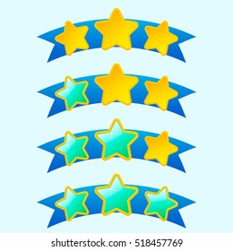 Cool marine cartoon game XP rating icons, level complete vector templates, stars rank on blue ribbon isolated on light background, assets for game design, GUI elements.