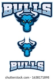 Cool mascot with blue bull isolated on white background and in 3 versions.