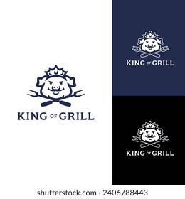 Cool mascot king pig grill logo design vector