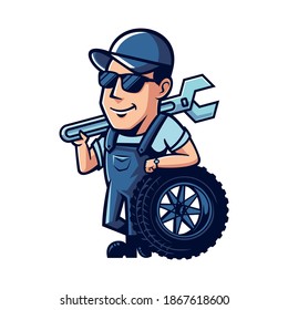 Cool mechanic mascot bring wrench and tyre