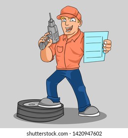 cool mechanic while holding an electric drill