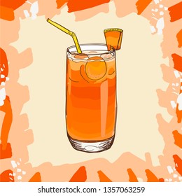 Cool Melon Juice tropical recipe fresh drink juice in a glass Cup. Detox for health. Hand drawn image for bar menu design with energetic fresh drink. Colorful vector illustration in sketch style.