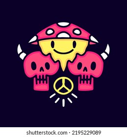 Cool melted mushroom with devil skulls cartoon, illustration for t-shirt, sticker, or apparel merchandise. With modern pop and retro style.