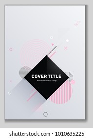 Cool memphis front cover background with white and pink geometrical shapes. Minimalistic front page template. Colorful title page graphic design for corporate notebook, dairy or notepad.