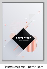 Cool memphis front cover background with white, orange and beige geometrical shapes. Minimalistic front page theme. Colorful title page design for college notebook, dairy or notepad.