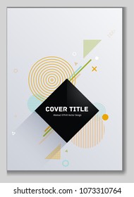 Cool memphis front cover background with white geometrical shapes. Minimalistic front page texture. Colorful title page design for student notebook, dairy or notepad.